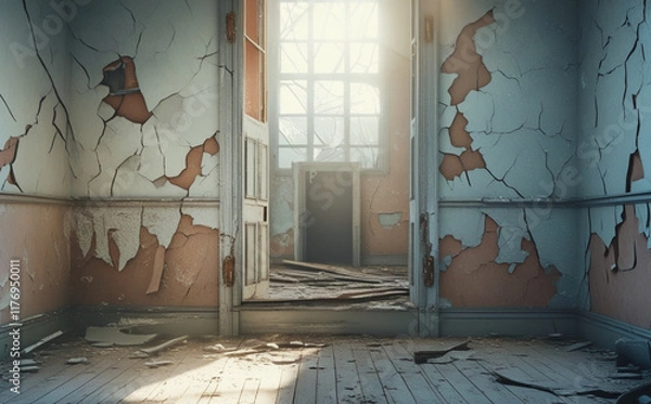Obraz stock photo features a dilapidated and weathered room with cracked walls and a worn-out appearance, evoking a sense of abandonment and neglect