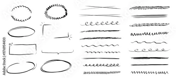 Fototapeta Underline mark border doodle hand drawn mark, swoosh highlight freehand brush. Grunge scribble curvy symbol. Marker check figure.