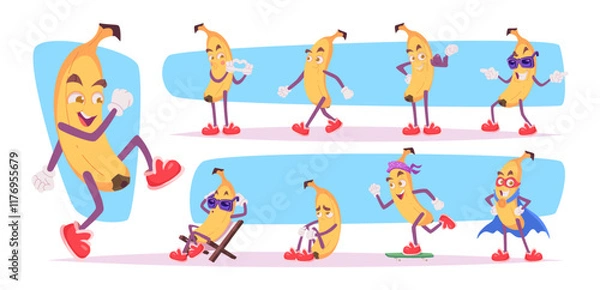 Fototapeta Banana. Cute fruit characters with emotions exact vector mascot banana in action poses cartoon template
