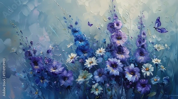 Fototapeta Oil_painting_of_purple_delphiniums_and_white_
