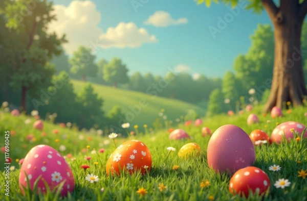 Fototapeta Multicoloured Easter eggs in spring meadow with flowers. Easter holiday background with copy space. Easter eggs in grass on lawn in park.