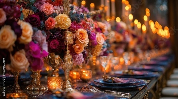 Fototapeta A table is set with a variety of colorful flowers and candles, creating a warm