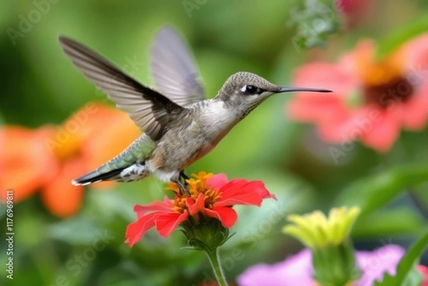 Fototapeta A hummingbird hovering over a vibrant flower amidst a colorful garden backdrop.