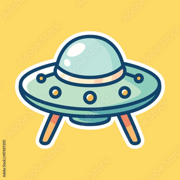 Fototapeta Cartoon UFO Spaceship with Green Dome and Landing Legs on Yellow Background