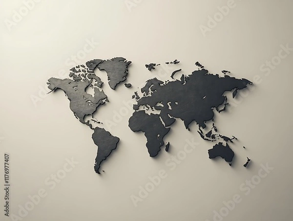 Fototapeta Abstract World Map with Dark Gray Continents, Minimalist Design, and 3D Relief Texture for Modern Graphic Design and Geographical Illustrations