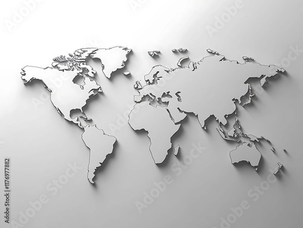 Fototapeta Abstract World Map with Dark Gray Continents, Minimalist Design, and 3D Relief Texture for Modern Graphic Design and Geographical Illustrations