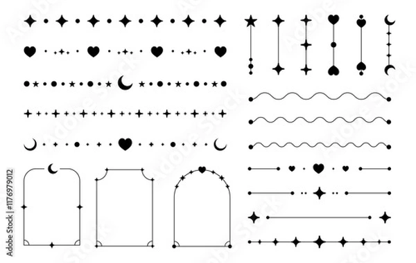 Fototapeta Stars, moons and hearts, line abstract dividers, shapes and lines, frames, decorative graphic elements. Vector sticker set, print, tattoo collection.