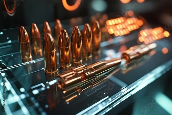 Fototapeta Metal bullets arranged on a glass surface with digital elements and glowing lights