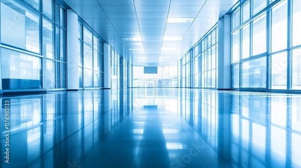 Fototapeta Modern corridor with bright windows showcasing a sleek, reflective floor design