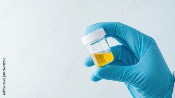Fototapeta A hand in a blue glove holding a urine sample in a container.