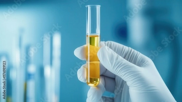 Fototapeta Test tube with urine sample held in a gloved hand in a lab setting.