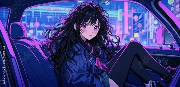 Obraz Lofi Anime Girl in City Nightscape, a serene animated scene featuring an anime girl in city, immersed in calming lofi hip hop music, surrounded by vibrant city lights.