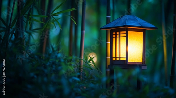 Obraz 竹林の夜を照らす日本の伝統的な灯籠