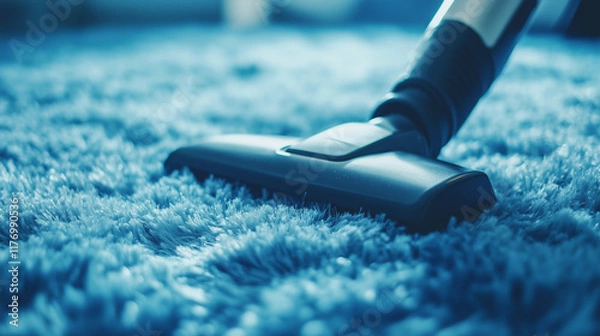 Fototapeta Vacuum cleaner nozzle cleaning a plush blue carpet in a bright indoor setting