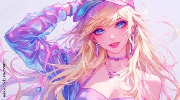 Obraz Futuristic Hip-Hop Steampunk Blonde Girl, an anime illustration featuring a striking blonde character dressed in unique steampunk attire with vibrant colors and dynamic pose.