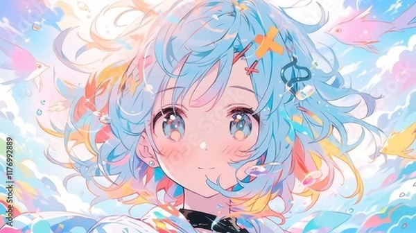 Fototapeta Vibrant Anime Girl Clipart Set, charming collection featuring a cute anime character with a colorful gradient design, transparent background, complemented by soft shadows.