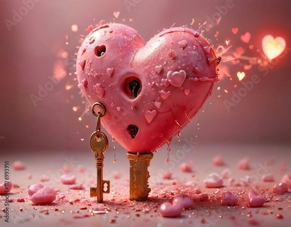 Obraz 3D Cartoon Heart Lock and Key: Glossy Red Lock with Golden Heart Key in a Whimsical Pink Cloud Scene