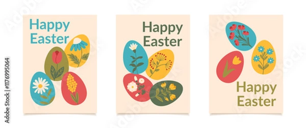 Fototapeta Set of Easter greeting cards with eggs decorated with flowers. Vector flat style posters.	