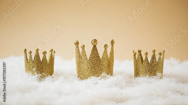 Fototapeta 3 Three Golden Shiny Crowns of 3 Three Kings, the Wise Men, Epiphany, Minimalistic against Neutral Clean Background with Copy Space