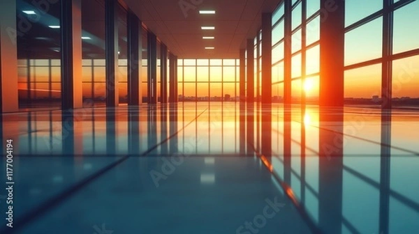 Fototapeta Sunlit Modern Office Space with Panoramic City Views at Sunset