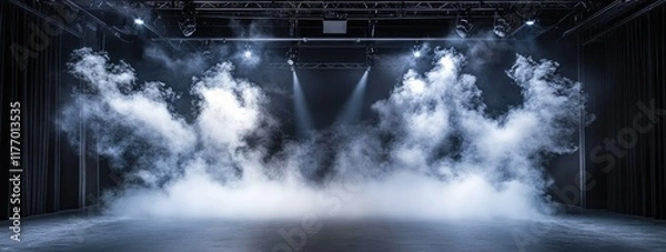 Obraz Illuminated stage with dramatic lighting and smoke, creating a captivating atmosphere for performances and presentations.