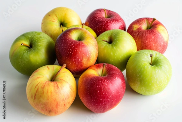 Fototapeta A small cluster of mixed apples in different colors, arranged neatly on a crisp white backdrop.