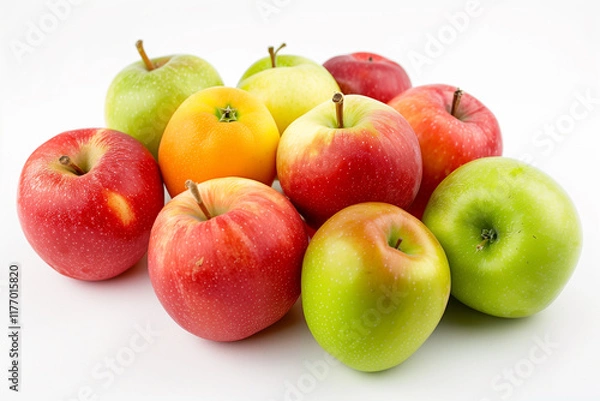 Fototapeta A small cluster of mixed apples in different colors, arranged neatly on a crisp white backdrop.