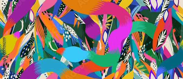 Obraz Exotic hand drawn abstract jungle and snakes pattern. Dynamic tropical print. Fashionable unique template for design. 