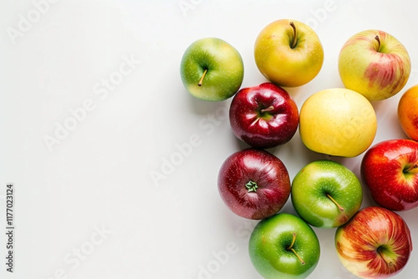 Obraz A small cluster of mixed apples in different colors, arranged neatly on a crisp white backdrop.