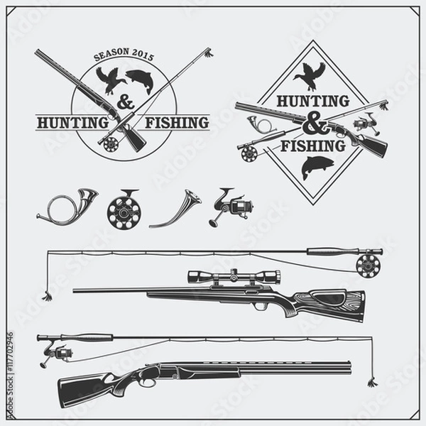 Obraz Vector elements for vintage hunting and fishing club. Labels, emblems and design elements. Guns, rods and hunting horns.