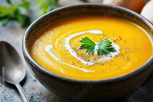Fototapeta Pumpkin soup with a creamy texture and parsley garnish