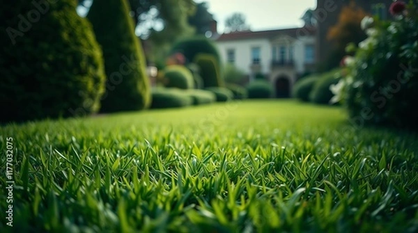Fototapeta Extreme macro close up of meticulously manicured lawn in idyllic English garden setting under dramatic diffused light