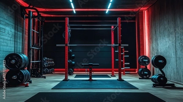 Fototapeta Squat rack setup with weightlifting equipment under gym lights