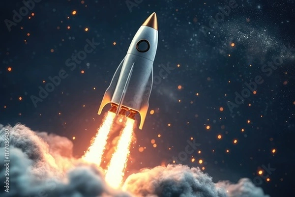Obraz Startup innovation visuals with rocket icons for entrepreneurship and growth strategies