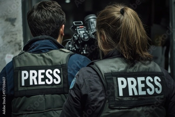 Fototapeta Male and female journalists on duty during a police raid on a house, seen from behind, their faces hidden