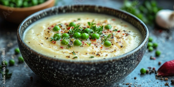 Obraz Green pea-topped creamy vegetable mashed soup