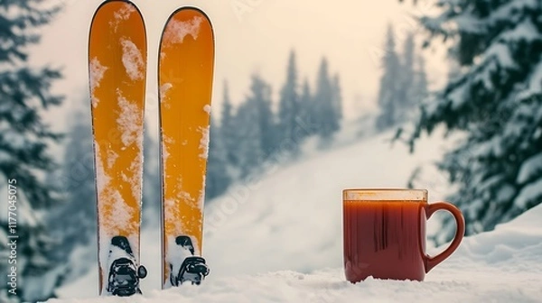 Fototapeta A pair of skis leaned against a snowy slope with a mug of mulled cider