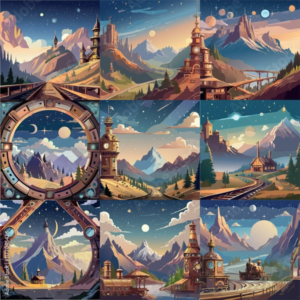 Obraz steampunk mountain landscape blends rugged peaks with industrial charm, featuring cogs, gears, and steam-powered machinery integrated into the terrain. Metallic tones, warm sepia hues.