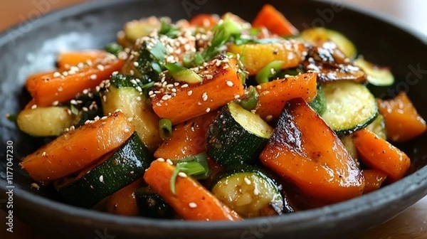 Fototapeta A perfectly roasted vegetable medley of carrots zucchini sweet potatoes and bell peppers