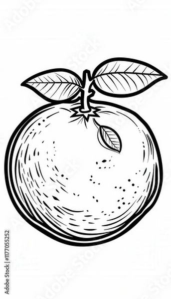Fototapeta A simple black and white line art drawing of an orange with leaves and stem. Suitable for coloring pages or educational materials about fruits.