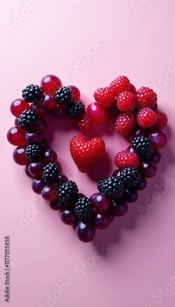 Obraz Heart shaped arrangement of raspberries, blackberries and grapes against a solid pink background representing love, health and romance. Valentine's Day concept.