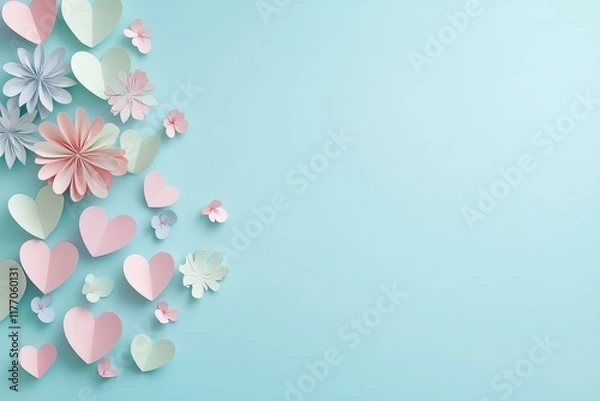 Fototapeta Pastel-colored paper flowers and hearts on a light blue background, offering a cheerful and creative decorative concept.