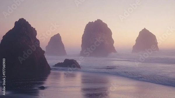 Obraz Serene Sunset at Oregon Coast: Majestic Rock Formations and Tranquil Ocean