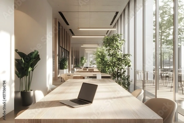 Fototapeta Laptop on Sleek Wooden Table in Bright and Airy Coworking Space