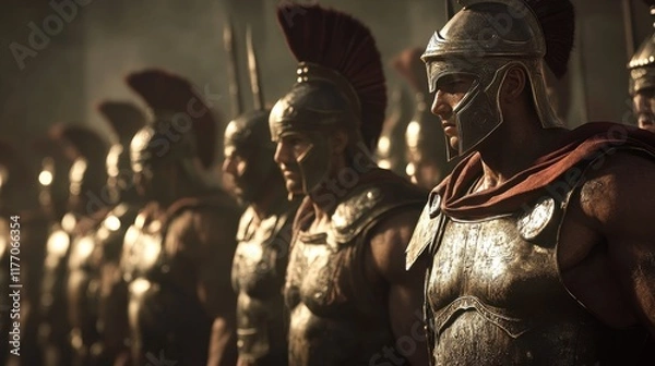 Fototapeta Brave warriors in gleaming armor stand ready for battle in a historic arena under the golden glow of an ancient sun