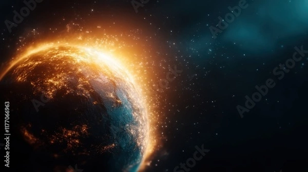 Fototapeta A visually striking image of a fiery planet encircled by shimmering cosmic dust, illustrating the majestic interplay of celestial bodies amidst a starry galaxy.