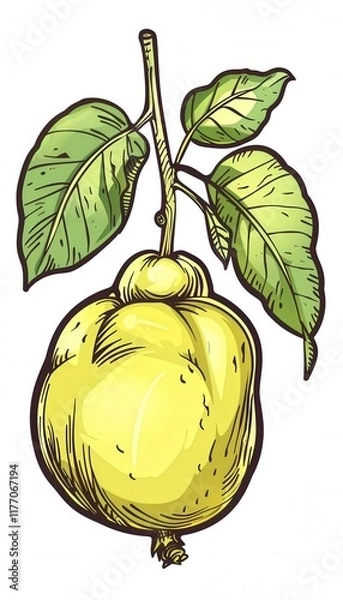 Fototapeta Hand-drawn quince fruit with leaves. Ideal for food packaging, menus, or recipe illustrations. Adds a rustic touch to designs.