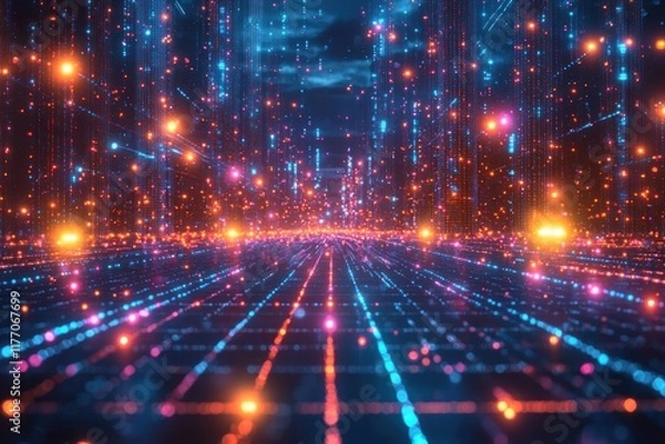 Fototapeta Neon light trails stream through digital cityscape under dark sky