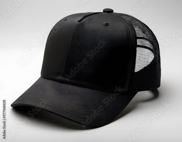Obraz Blank trucker shining hat mockup isolated on a dark white greyish background photography closeup shot

