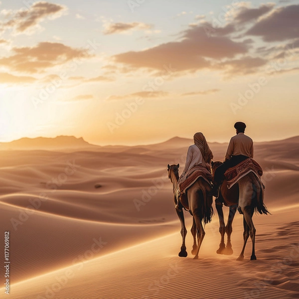 Obraz A couple riding camels looking over the desert